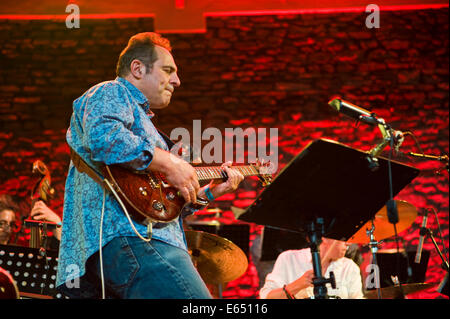 Live Musik-Gitarrist mit Bündeladern 21-köpfigen Big Band auf der Bühne Brecon Jazz Festivals 2014 Stockfoto