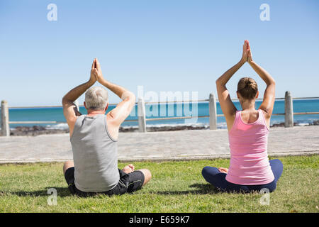 Passen Sie älteres Paar in Lotus Pose auf dem Rasen sitzen Stockfoto