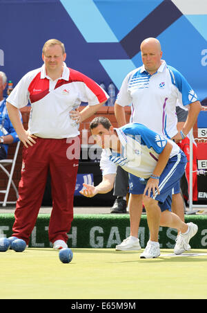 Neil SPEIRS von Schottland V England in die Goldmedaille Spiel in der Mens Vieren im Kelvingrove Lawn Bowls Centre, 2014 Stockfoto