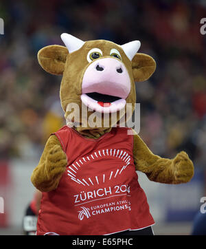 Zürich, Schweiz. 13. August 2014. Cooly, das Maskottchen der Europäischen Leichtathletik Weltmeisterschaften 2014, gesehen bei den Europäischen Leichtathletik Weltmeisterschaften 2014 im Letzigrund Stadion in Zürich, Schweiz, 13. August 2014. Foto: Bernd Thissen/Dpa/Alamy Live News Stockfoto