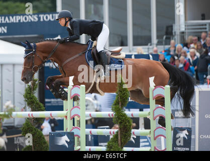 London, UK. 15. August 2014.  Der Longines Global Champions Tour von London. Jane Richard Philips [SUI] Pablo de Virton in Aktion während des CSI5 * Sapinda Prix Reiten. Bildnachweis: Stephen Bartholomäus/Alamy Live-Nachrichten Stockfoto