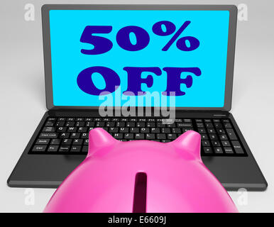 Fünfzig Prozent Rabatt Laptop Sinn Web Verkaufspreis reduziert 50 Stockfoto