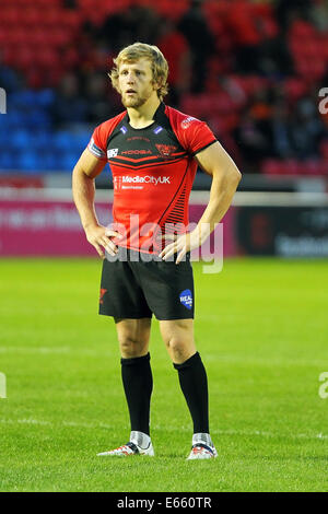 Manchester, UK. 15. August 2014. Super League-Rugby. Salford Red Devils gegen katalanische Drachen. Logan Tomkins von Salford Red Devils Profil Credit: Action Plus Sport/Alamy Live News Stockfoto