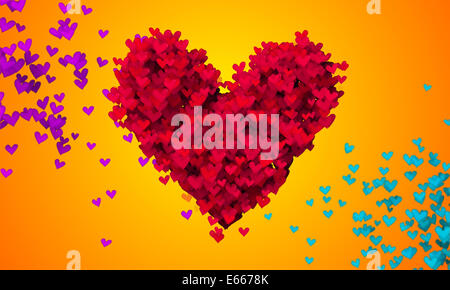 Rote Liebe Partikel Herzform 3D orange Hintergrund Stockfoto