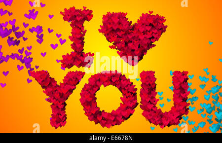 Ich liebe dich Partikel Herzform 3D orange Hintergrund Stockfoto
