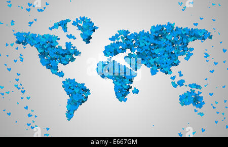 Welt Karte blau Liebe Form Partikel 3D Art Cool Stockfoto