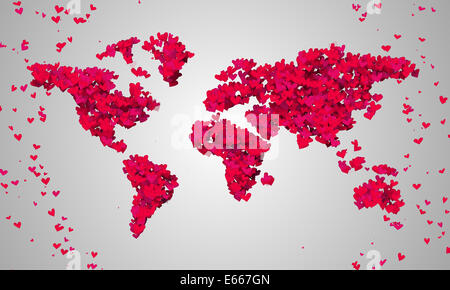Welt Karte Red Love Form Partikel 3D Kunst Stockfoto