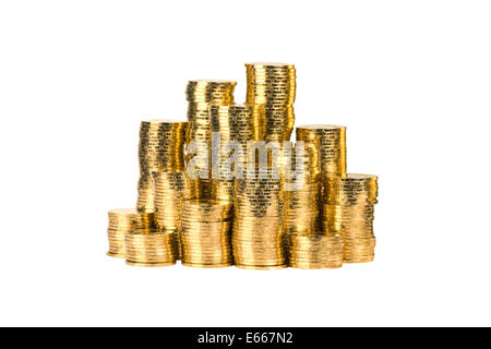 Goldmünze Stapel isoliert auf weiss Stockfoto