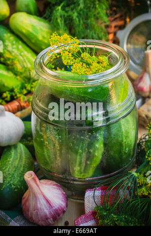 Nahaufnahme von Glas eingelegtes Gemüse und andere Zutaten für Beizen Stockfoto