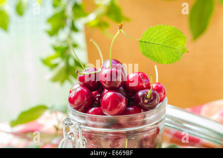 Frisches Obst Kirschen in einem Glas für verarbeitete Produkte Stockfoto
