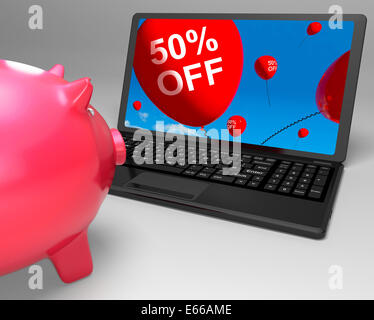 Fünfzig Prozent Rabatt Laptop was bedeutet 50 halben Preis Einsparungen Stockfoto