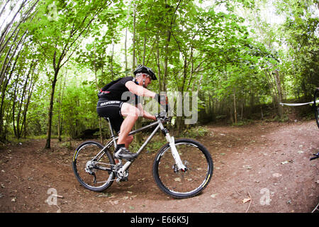 Stanmer Park, Stadt Brighton & Hove, East Sussex. Dies ist das jährliche Bigdog Mountain Trails Bike Race durch Teile des Stanmer Park im South Downs National Park, Brighton, East Sussex, Großbritannien. August 2014. David Smith/Alamy Live News Stockfoto