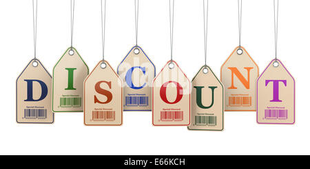 Rabatt-Tags auf weißem Hintergrund isoliert. 3D Stockfoto