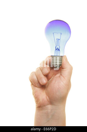 Hand, die blaue Lampe isoliert auf weißem Hintergrund Stockfoto