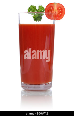 Tomatensaft aus frischen Tomaten, isoliert auf weißem Hintergrund Stockfoto