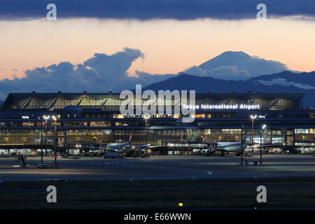 Tokyo, Japan - 21. Mai 2014: Mount Fuji und Flughafen Tokio-Haneda (HND) in Tokio, Japan. Tokio-Haneda ist der geschäftigste Getraenke Stockfoto