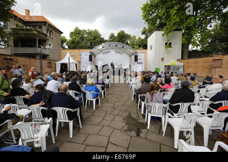 Worms, Deutschland. 16. August 2014. Das Publikum ist gerade, dass Roberto Bonati Trio live auf der Bühne beim Jazz and Joy Festival 2014 in Worms durchführt. Der Italiener Roberto Bonati Trio live gespielt an der Jazz und Joy Festival 2014 in Worms. Bildnachweis: Michael Debets/Alamy Live-Nachrichten Stockfoto