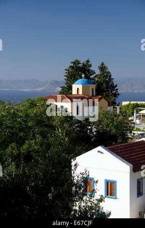 Die Kirche von Panayia Kouvoukliani und Ansichten in Kos-Stadt an der türkischen Küste, Zia, Kos, Dodekanes, Griechenland. Stockfoto