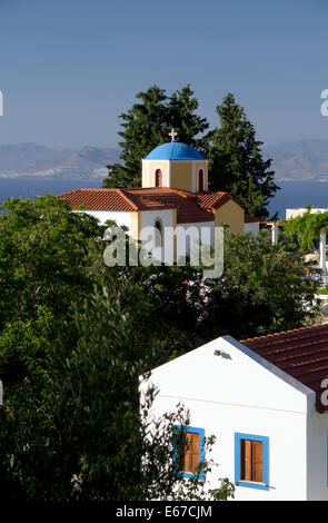 Die Kirche von Panayia Kouvoukliani und Ansichten in Kos-Stadt an der türkischen Küste, Zia, Kos, Dodekanes, Griechenland. Stockfoto