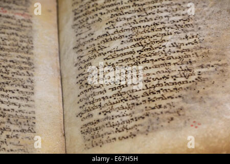 Altes Buch in Bible Lands Museum in Givat Ram West Jerusalem Israel angezeigt Stockfoto