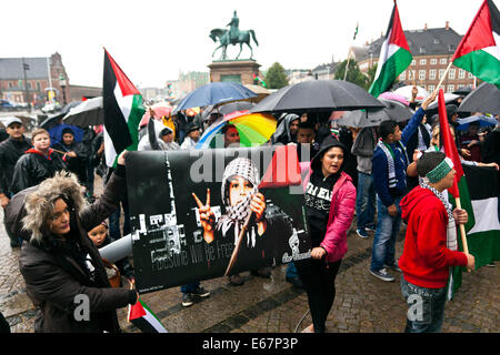 Kopenhagen, Dänemark. 17. August 2014. Trotz des strömenden Regens versammeln sich Hunderte von Copenhagener in einem Frieden Match zur Unterstützung von Kindern im Gaza-Streifen und gegen den israelischen Krieg in ihrem Land. Der Friedensmarsch endete vor dem dänischen Parlament, Christiansborg, nach 2 Stunden lang zu Fuß durch die Stadt. Der Text auf den schwarzen Zeichen Staaten: "Palästina wird frei sein". Bildnachweis: OJPHOTOS/Alamy Live-Nachrichten Stockfoto