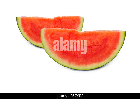 Zwei Wassermelone Scheiben isoliert auf weißem Hintergrund Stockfoto