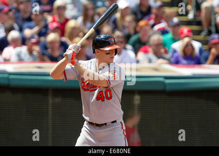 Cleveland, OH, USA. 17. August 2014. 17. August 2014: Baltimore Orioles Catcher Nick Hundley (40) [5939] at bat während des Spiels zwischen den Baltimore Orioles und den Cleveland Indians in Progressive Field in Cleveland, OH. Baltimore besiegte Cleveland 4-1. Bildnachweis: Frank Jansky/ZUMA Draht/Alamy Live-Nachrichten Stockfoto