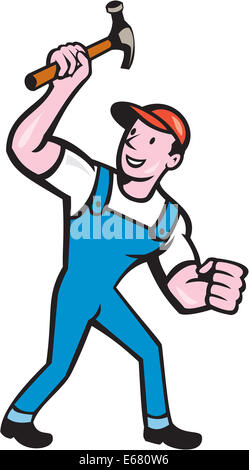 Abbildung eines Baumeister Bau Arbeiter Zimmermann stehende Holding Hammers zugewandten Seite auf isolierten weißen Hintergrund im Cartoon-Stil gemacht. Stockfoto