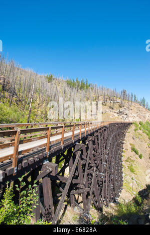 Mountain Biken Radfahren Reiten die alten Holzeisenbahn Böcke Trail in den Myra Canyon, Kelowna, British Columbia, Kanada. Stockfoto