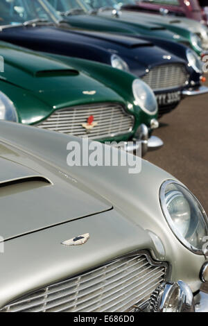 Linie der Vintage Aston Martin Autos bei der Silverstone Classic Stockfoto