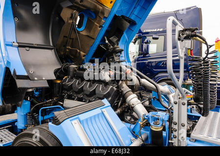 Taxi-Fach geöffnet, um den Motor von einem Scania 143J/450 aussetzen Stockfoto