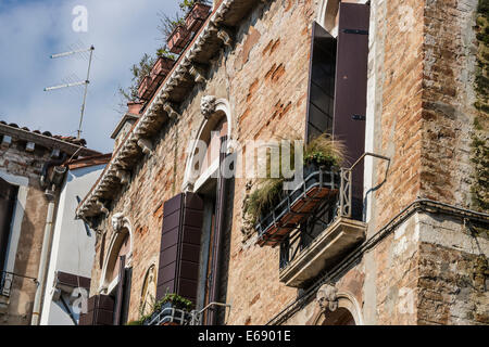 Obere Etage des alten Haus mit braunen Fensterläden und Blumenkästen in Venedig. Stockfoto