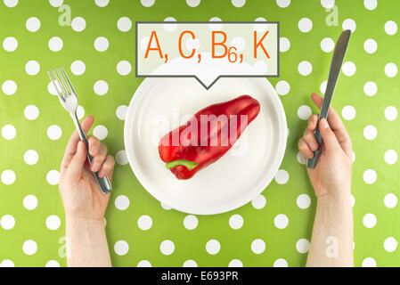 Frau essen frische rohe Paprika voller Vitamine A, C, B und K, Ansicht von oben. Stockfoto