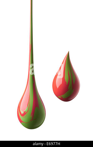 rote Farbe Tropfen gemischt mit grüner Farbe Stockfoto
