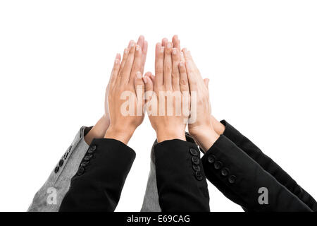 Sucess-Konzept mit Händen in der Luft über einem weißen Hintergrund isoliert Stockfoto