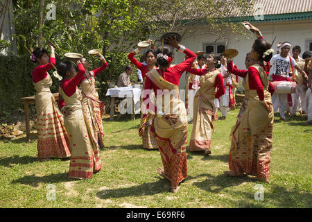 Assamesisch Mädchen Bihu Assamesisch Volkstanz in traditionellen Outfits, Assam Stockfoto