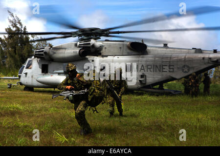 Kanadische Service-Mitglieder verlassen einen US-Marinekorps CH-53E Super Stallion-Hubschrauber während nichtkämpfenden Evakuierung Betriebstraining als Teil des Randes der Pazifik (RIMPAC) 2014 Übung 26. Juli 2014, an der Kahuku Truppenübungsplatz in Hawaii. RIMPAC ist ein Stockfoto