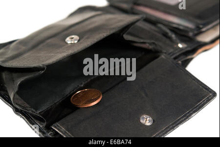 Bankrott-Thema mit öffnen, schwarzem Leder Geldtasche und zwei-Euro-Cent-Münze Stockfoto