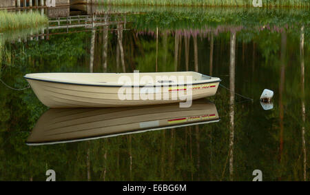 Abendstimmung und Boot & Bäume spiegeln sich in einem kleinen See, Gla Forest Nature Reserve, Lenungshammar, westlichen Värmland, Schweden. Stockfoto