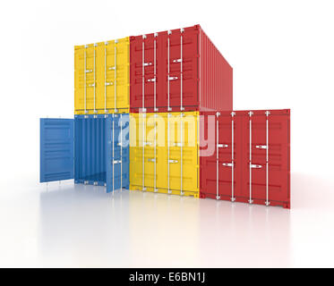 Satz von roten, blauen und gelben Metall Fracht Container auf weißem Hintergrund - fotorealistische 3d Perspektive Rendern Stockfoto