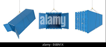Satz von Metall Fracht-Container an den Haken in verschiedenen Positionen, blaue Farbe - fotorealistische 3d Perspektive Stockfoto