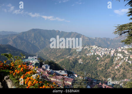 Eine morgendliche Aussicht über einen Teil der Shimla Vororte auf den Ausläufern des Himalaya in Himachal Pradesh, Indien Stockfoto