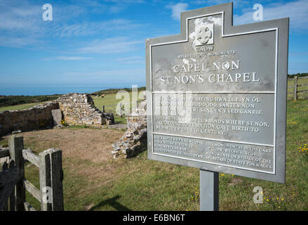 Melden Sie bei der zerstörten Kapelle von Saint Non (St Non Kapelle an) der Pembrokeshire Küste in der Nähe von St Davids, Südwales Stockfoto