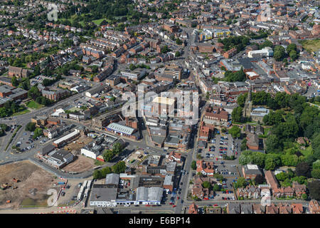 Eine Luftaufnahme zeigt das Zentrum von Hinckley, Leicestershire, UK. Stockfoto