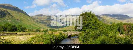 Schöner Fluss Der Lake District Mickleden Beck Langdale Valley am Old Dungeon Ghyll Cumbria England Großbritannien Panorama Stockfoto