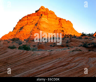 Vermillion Cliffs National Monument, Arizona. USA. Kreuz-Bett Navajo Sandstein und Sandstein Kuppel bei Sonnenaufgang. Stockfoto