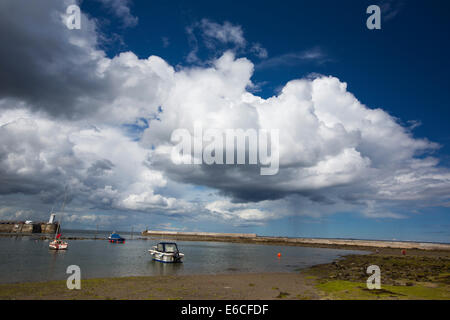 Ein Regenschauer über gemeinsame Harbour, Northumberland, UK. Stockfoto