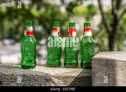 Leere grüne Bierflaschen auf einer Steinmauer. Stockfoto