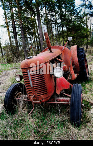 alte rostige Traktor im Wald, Finnland Stockfoto