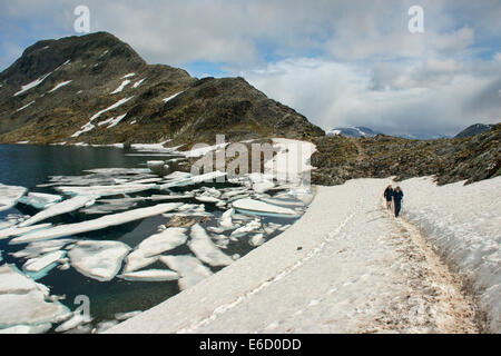 Wanderer auf den Besseggen-Grat wandern im Nationalpark Jotunheimen, Norwegen Stockfoto